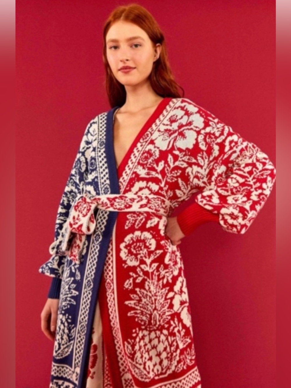 FARM Rio Garden Belted Red and Blue Cardigan